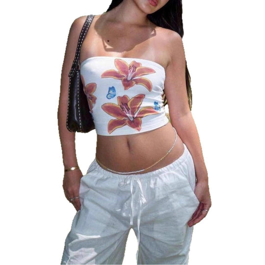 Damen Strapless Crop-Top mit buntem Blumenmuster EB