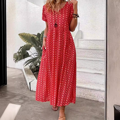 Damen Maxikleid mit handgearbeitetem Blumenmuster und praktischen Seitentaschen EB