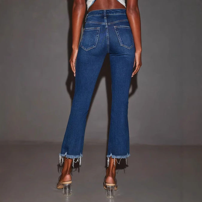 Damen Flared Jeans mit modischen Destroyed-Details und ausgefransten Säumen EB