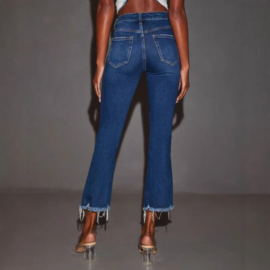 Damen Flared Jeans mit modischen Destroyed-Details und ausgefransten Säumen EB