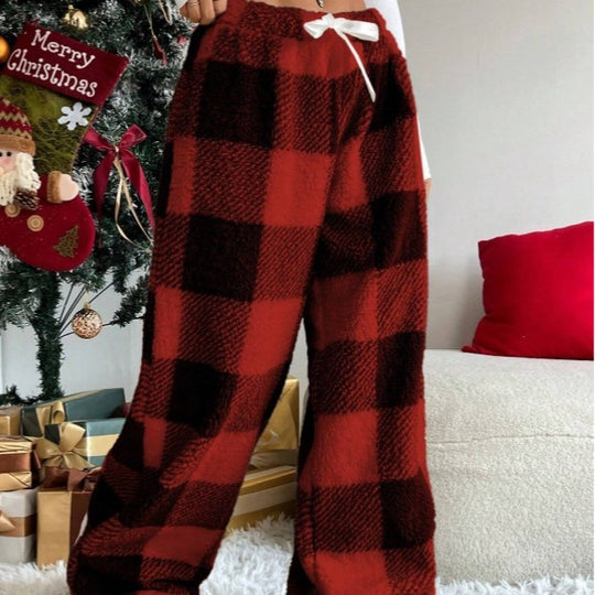 Damen nan kuschelige karierte Fleece-Hose mit Tunnelzugbund und weitem Bein EB