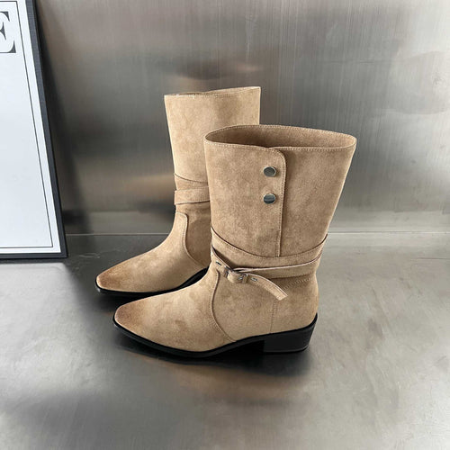 Damen Elegante Stiefel aus hochwertigem Wildleder mit modischem Schnallenverschluss EB