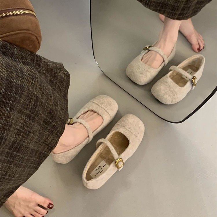 Damen elegante Filz-Ballerinas mit dekorativem Riemchen EB