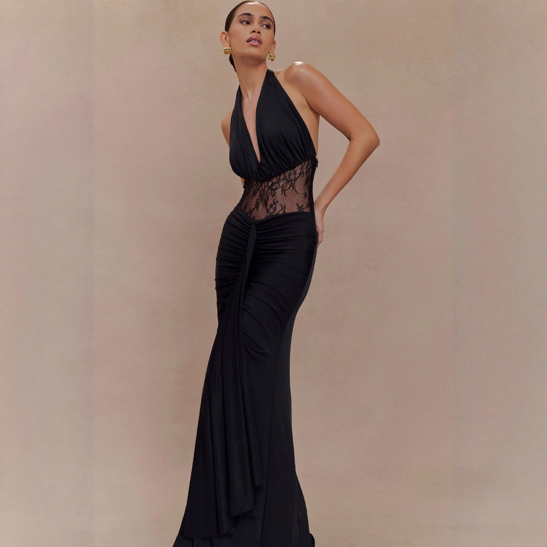 Damen Elegantes Maxikleid mit raffiniertem Spitzenbesatz und Drapierungen EB