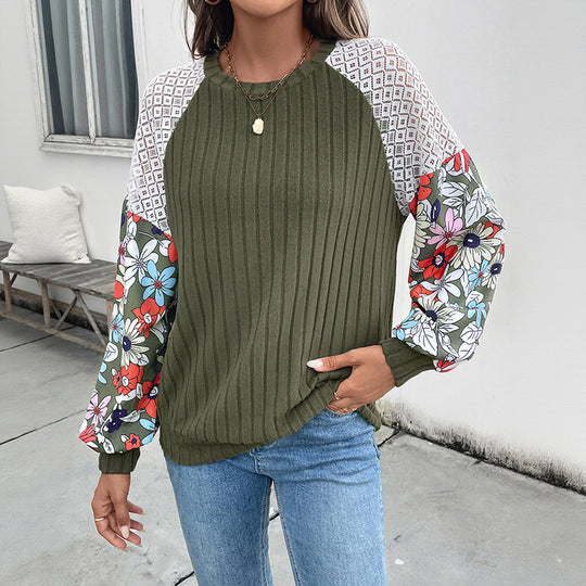 Damen modischer Pullover mit floralem Ärmel-Detail und strukturiertem Stoff EB