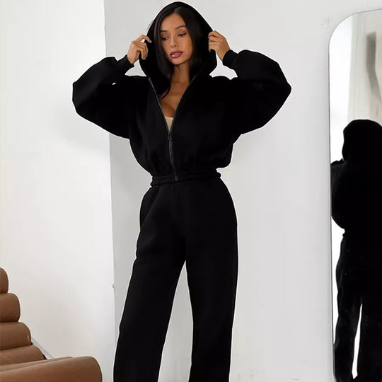 Damen Taillierter Zip-Overall im Loungewear-Stil mit Kapuze, Balloonärmeln und hoher Bundkante EB