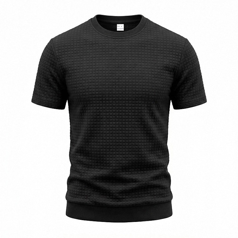 Herren nan kurzärmeliges Strickshirt mit geprägter Karostruktur, Rundhalsausschnitt und geripptem Saum EB