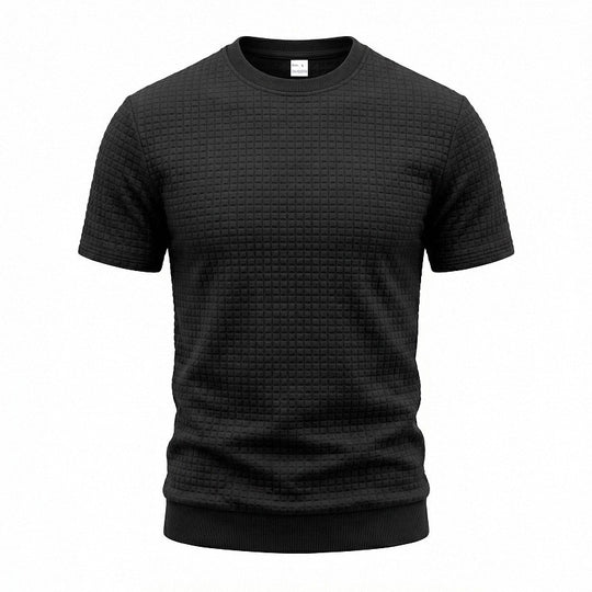 Herren nan kurzärmeliges Strickshirt mit geprägter Karostruktur, Rundhalsausschnitt und geripptem Saum EB