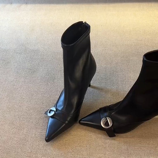 Damen elegante High Heel Stiefeletten mit modischer Schnallenverzierung EB