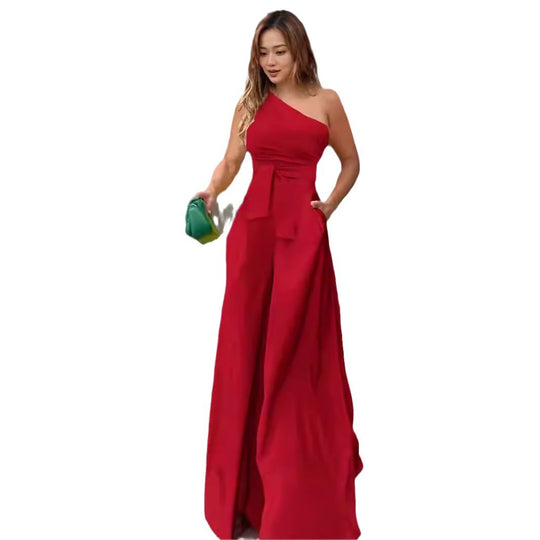 Damen Eleganter Ein-Schulter Jumpsuit mit Gürtel und weitem Bein EB