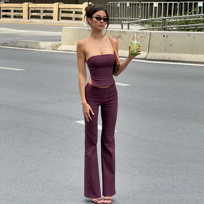 Damen elegantes Bustier-Top mit weitem Bund und ausgestellten Hosen EB