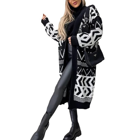 Damen Strickmantel mit geometrischem Muster und weitem Schnitt EB