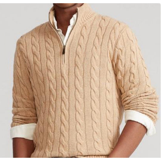 Herren Kabelstrickpullover mit Halbzip und Stehkragen aus weicher Kaschmirmischung EB