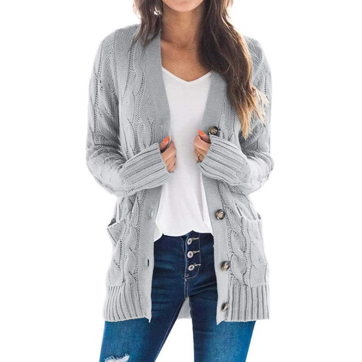 Damen Strickjacke mit Kabelmustern und großen Knöpfen EB