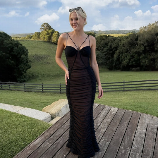 Damen Elegantes Maxikleid mit raffinierten Rüschendetails und feinen Spaghettiträgern EB