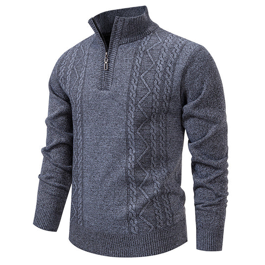 Herren nan gehobener Strickpullover mit Halbzip, Stehkragen und dekorativem Zopfmuster EB
