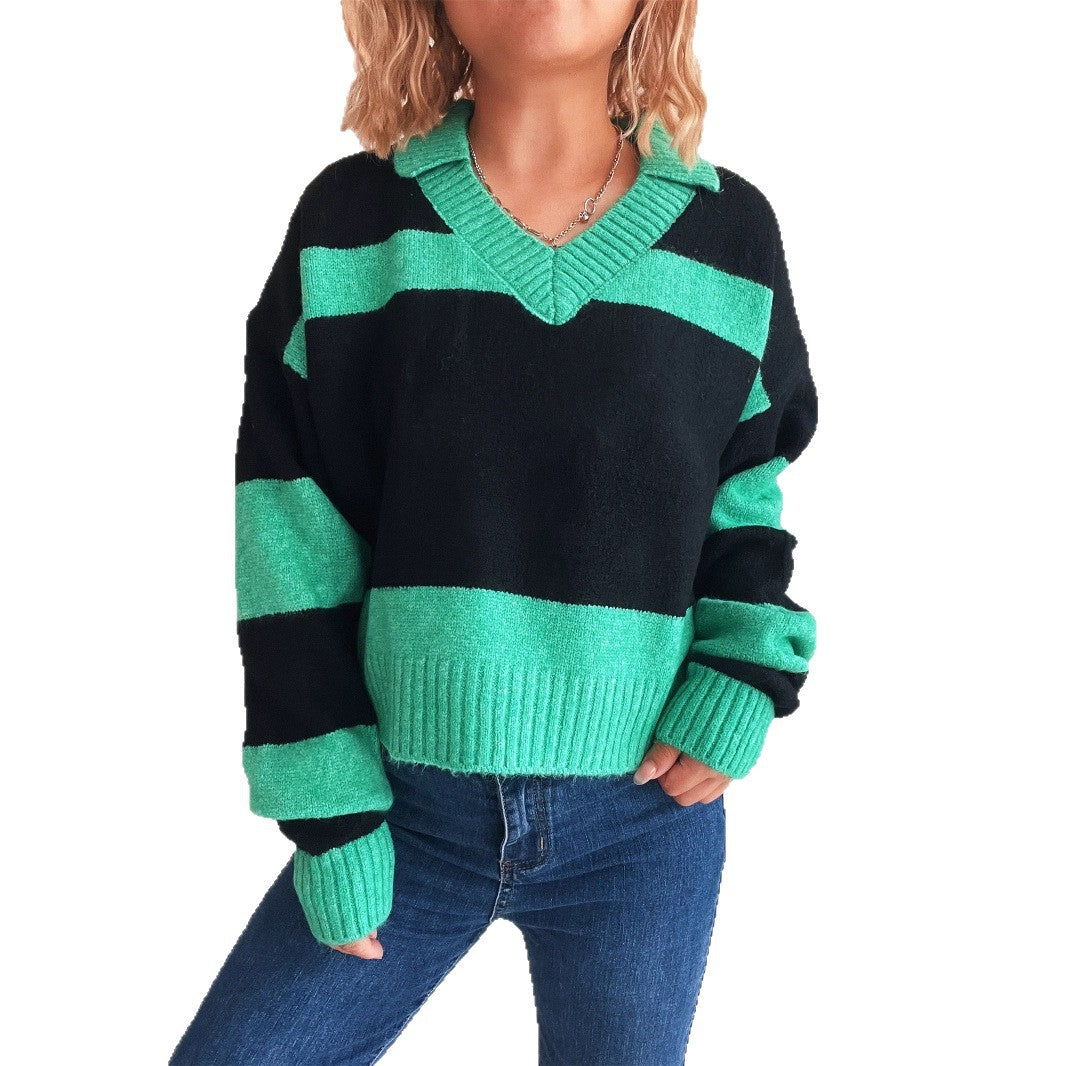 Damen Strickpullover mit modischen Streifen und V-Ausschnitt EB
