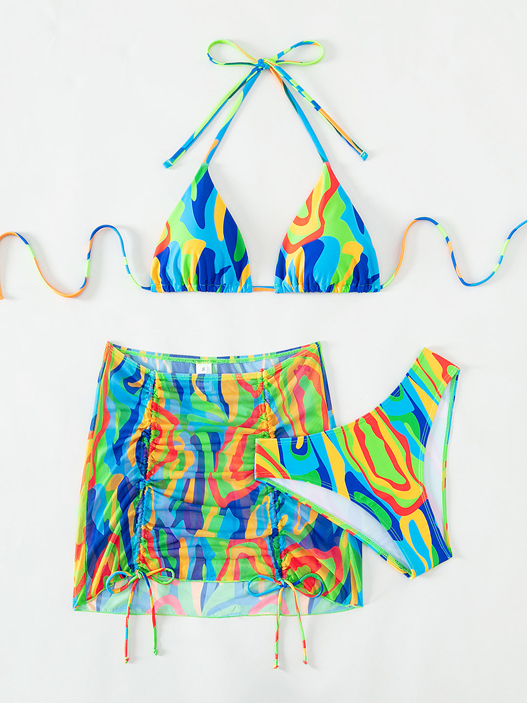 Damen Buntes Triangel-Bikini-Set mit transparentem Rock EB
