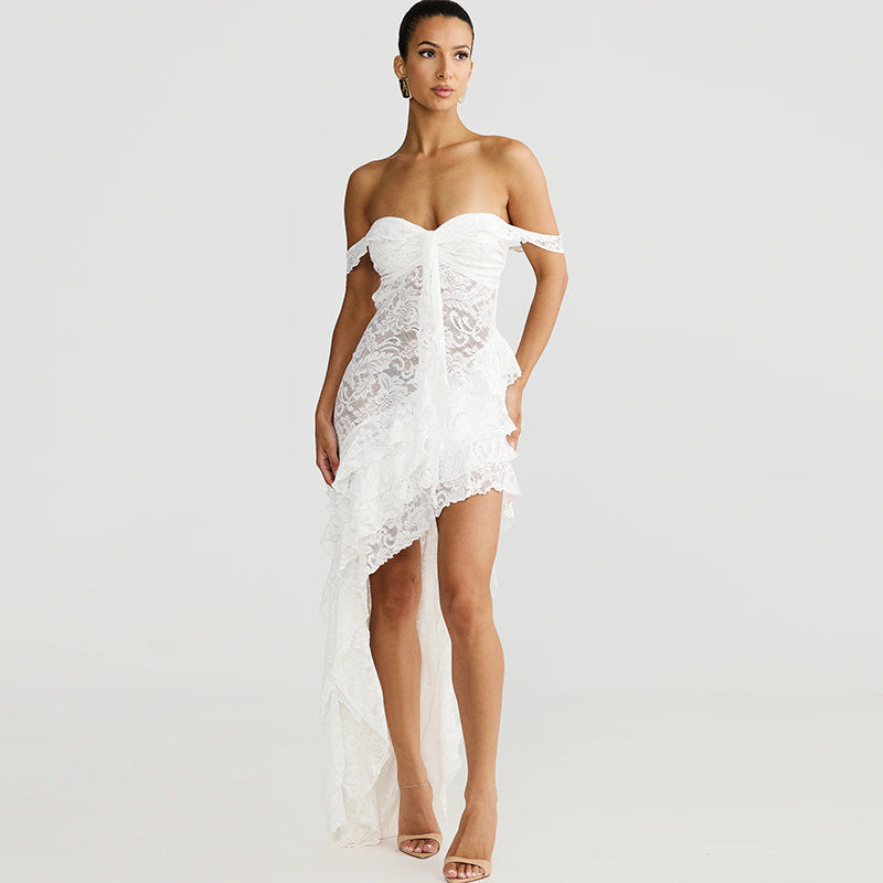 Damen asymmetrisches Spitzenkleid mit Rüschendetails EB