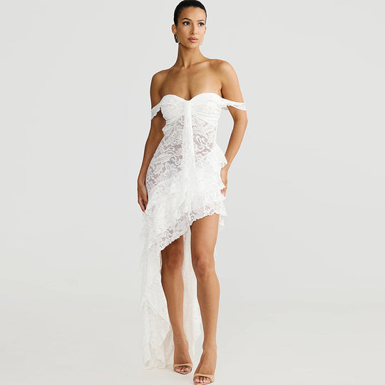 Damen asymmetrisches Spitzenkleid mit Rüschendetails EB