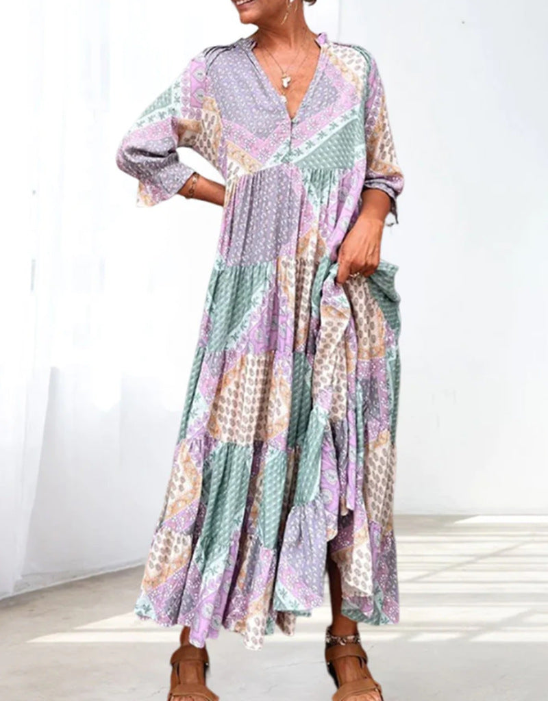 Damen nan luftiges Maxikleid im Patchwork-Boho-Stil mit V-Ausschnitt, gerafftem Oberteil und ausgestelltem Stufensaum EB