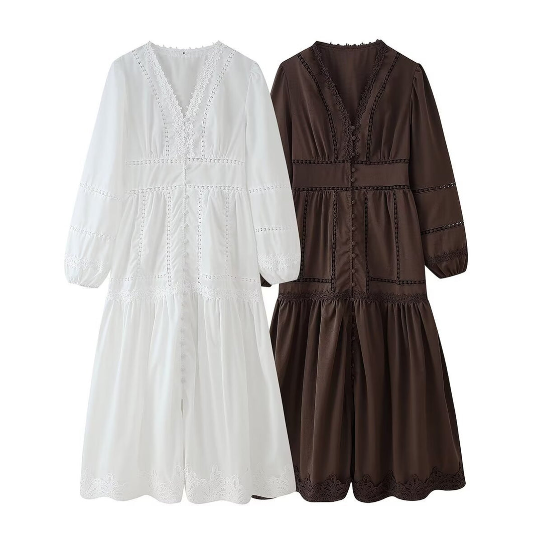Damen Maxikleid mit eleganten Rüschendetails und femininem V-Ausschnitt EB