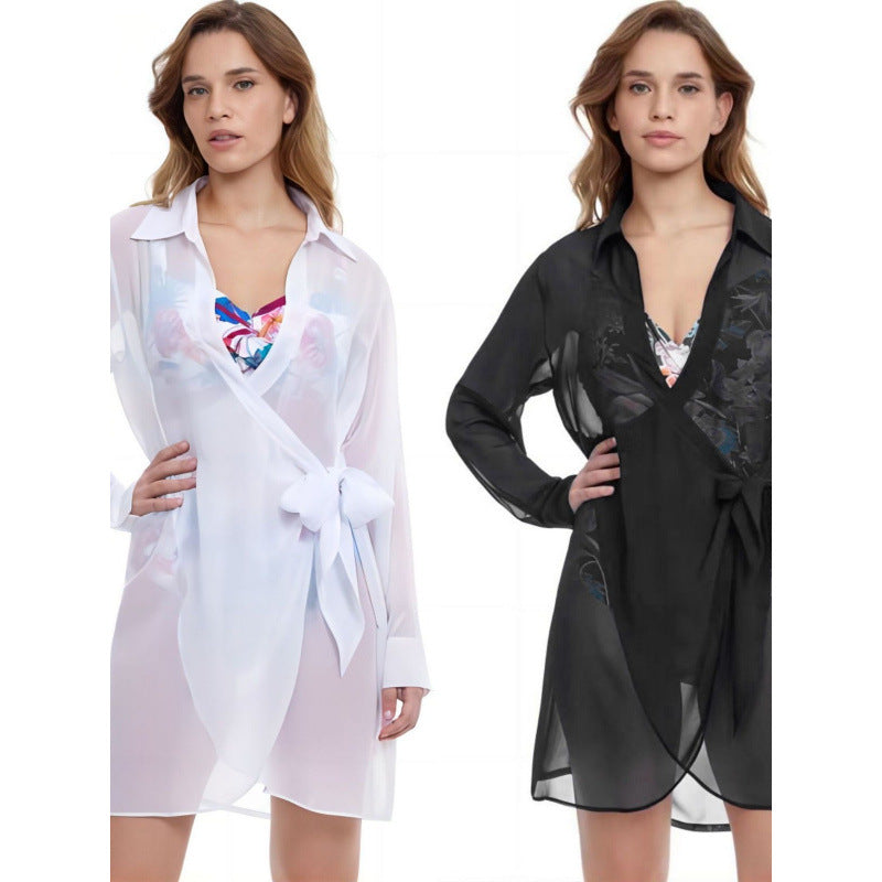 Damen Strandüberwurf mit elegantem Wickeldetail und transparentem Stoff EB