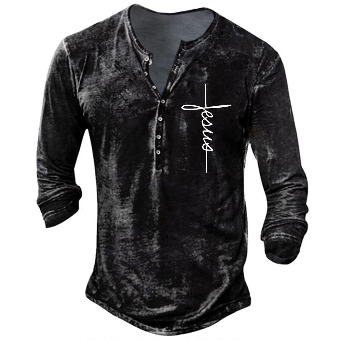 Herren Langarm Henley-Shirt mit kreativem Grafikdruck EB