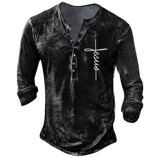 Herren Langarm Henley-Shirt mit kreativem Grafikdruck EB