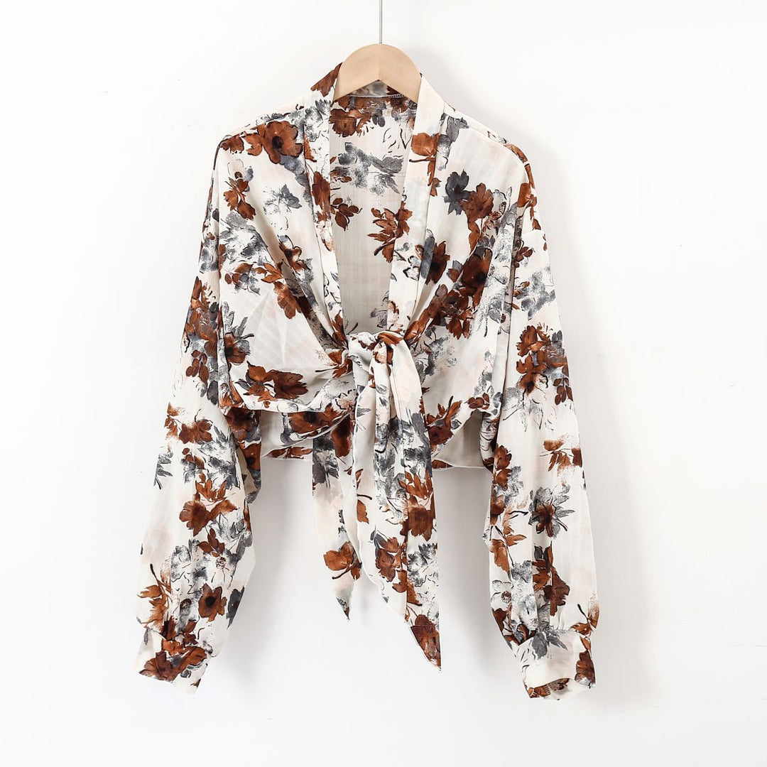 Damen nan florale Knoten-Bluse im Wickelstil mit Ballonärmeln und leichter Leinenoptik EB