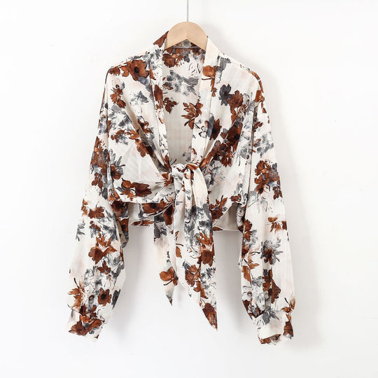 Damen nan florale Knoten-Bluse im Wickelstil mit Ballonärmeln und leichter Leinenoptik EB