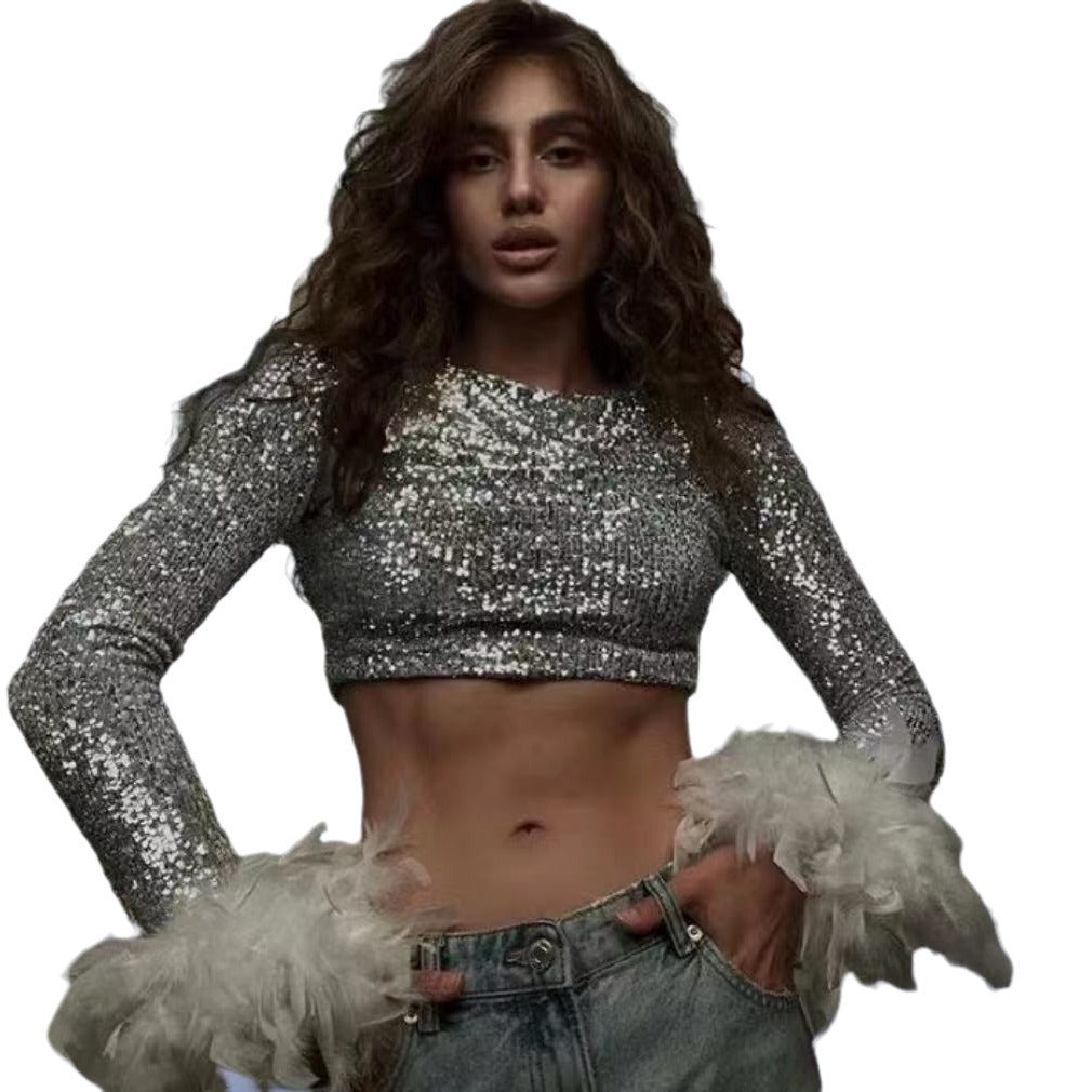 Damen Cropped Oberteil mit funkelndem Paillettenbesatz und fluffigen Ärmelbündchen EB