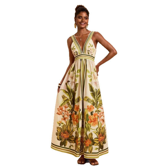 Damen Maxikleid mit tiefem V-Ausschnitt und floralem Design EB