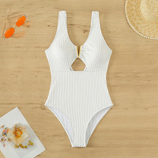 Damen Einteiler Badeanzug mit modischem Cut-Out und goldenen Akzenten EB