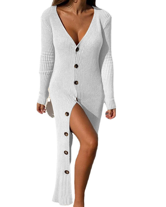 Damen Langer Strickkleid mit tiefem V-Ausschnitt und Knopfdetails EB