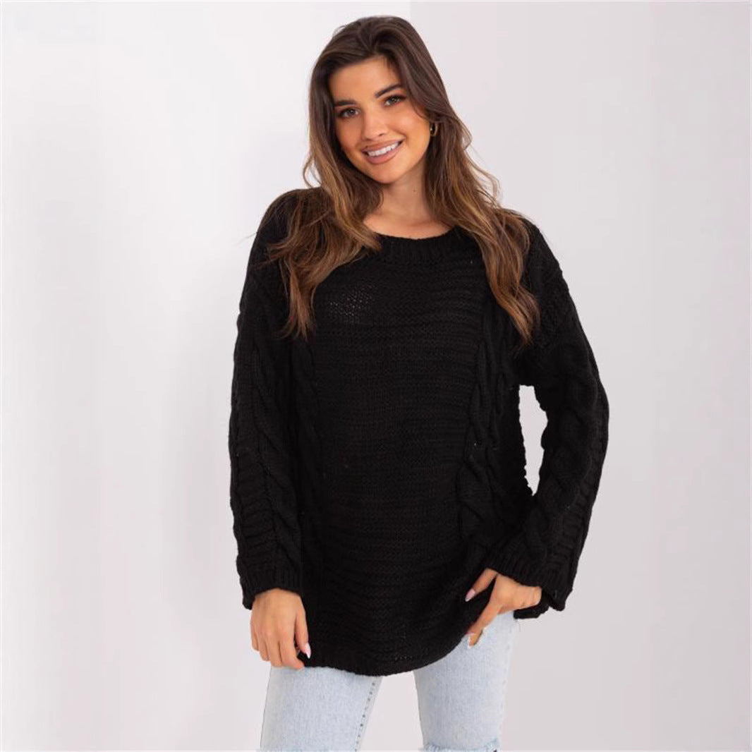 Damen Grobstrickpullover mit modernem Zopfmuster und weiten Ärmeln EB