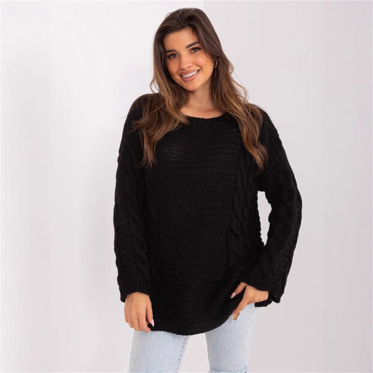 Damen Grobstrickpullover mit modernem Zopfmuster und weiten Ärmeln EB
