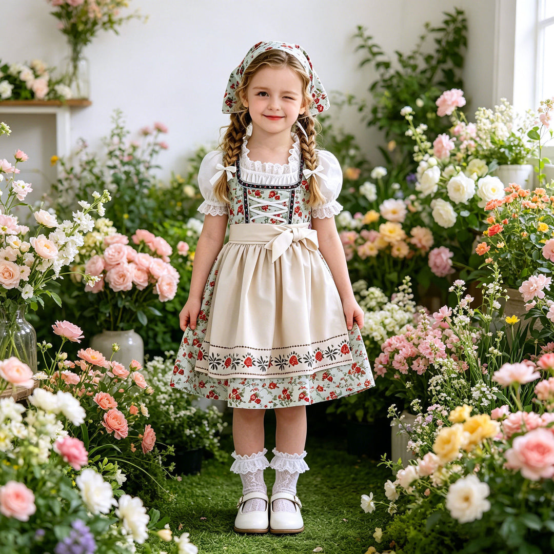 Damen nan Kinderdirndl Trachtenkleid mit Spitzenbluse Schürze und Kopftuch EB