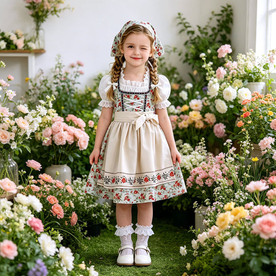 Damen nan Kinderdirndl Trachtenkleid mit Spitzenbluse Schürze und Kopftuch EB