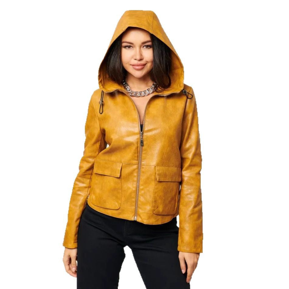 Damen Kunstlederjacke mit angeschnittenem Hoodie und praktischen Taschen EB