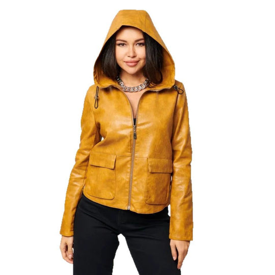 Damen Kunstlederjacke mit angeschnittenem Hoodie und praktischen Taschen EB