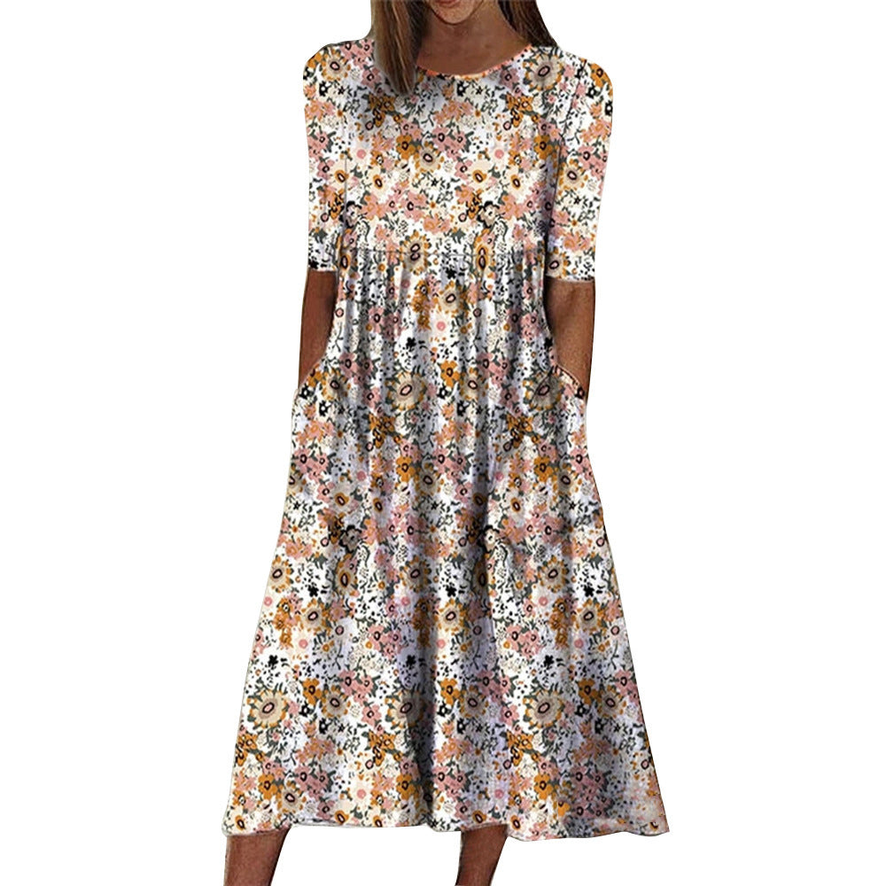 Damen Midi-Kleid mit floralem Design und praktischen Taschen EB
