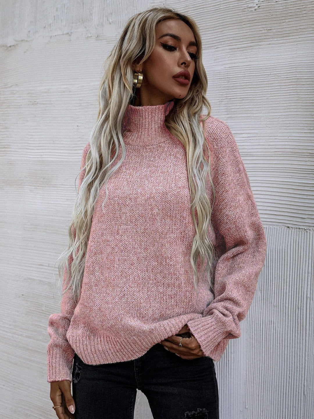Damen Grobstrickpullover mit hohen Kragen und lässiger Passform EB
