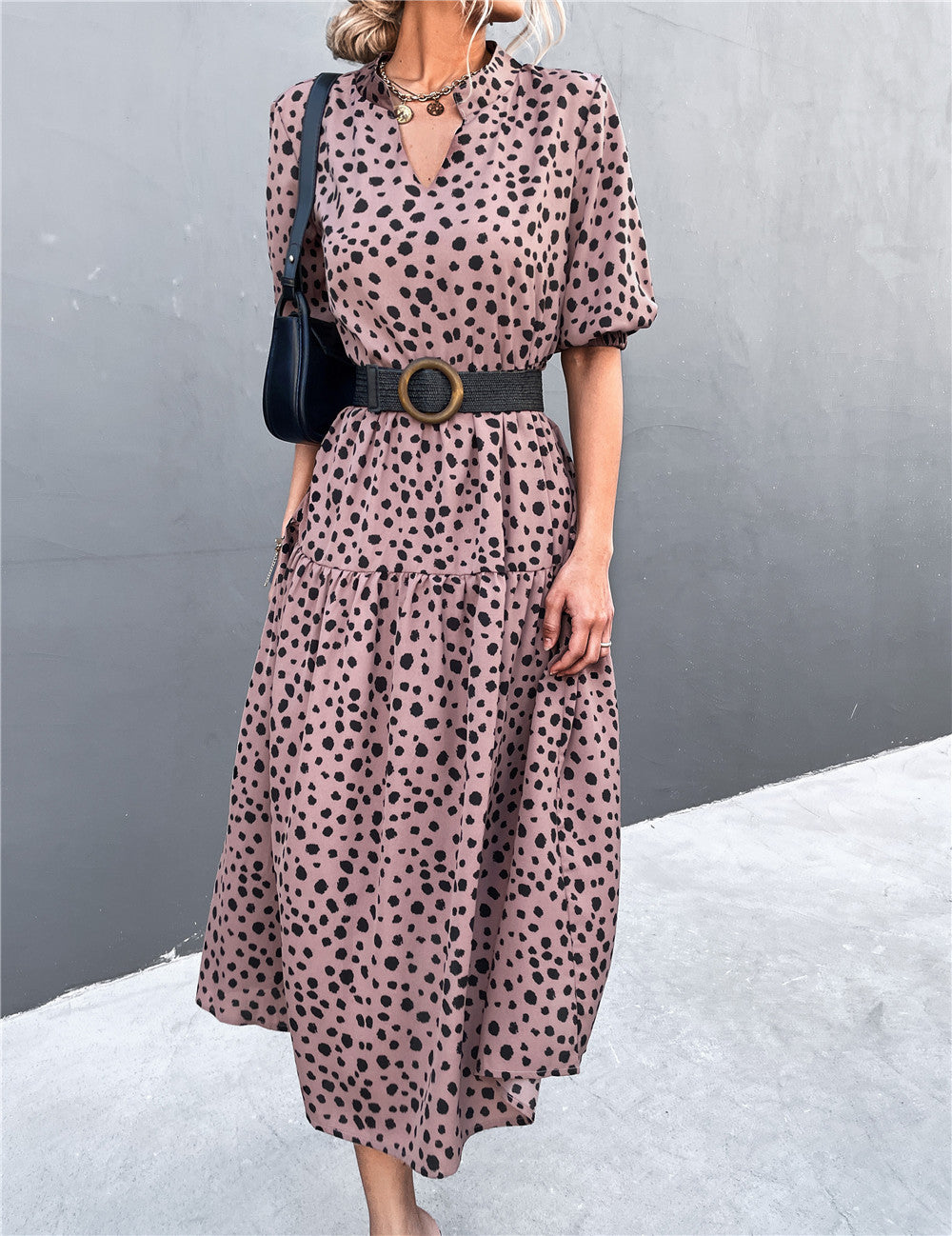 Damen Midikleid mit auffälligem Punktdesign und elastischem Taillengürtel EB