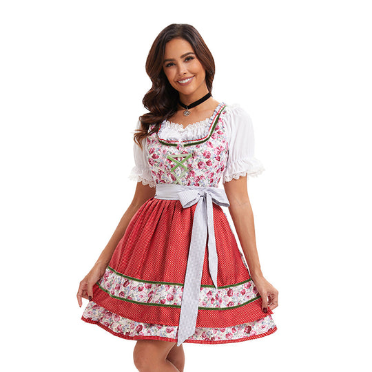 Damen nan kurzes traditionelles Dirndlkleid mit Spitzenbluse, Schnürung und dekorativer Schürze EB