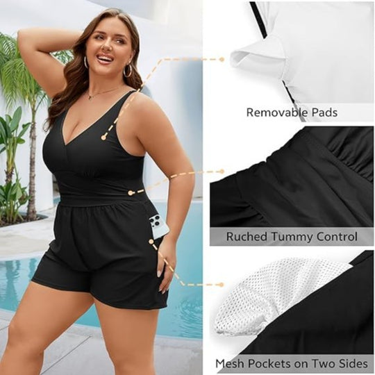 Damen Playsuit mit tiefem V-Ausschnitt und seitlichen Taschen EB