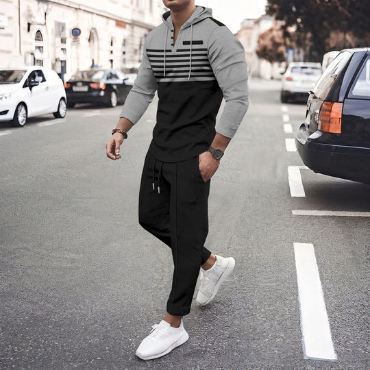 Herren nan Henley-Kapuzen-Lounge-Set mit Streifenpasse, Halbknopfleiste und konischer Jogginghose EB