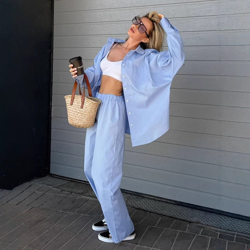 Damen Bequemes Set aus Oversized Hemd und Weiten Hosen EB