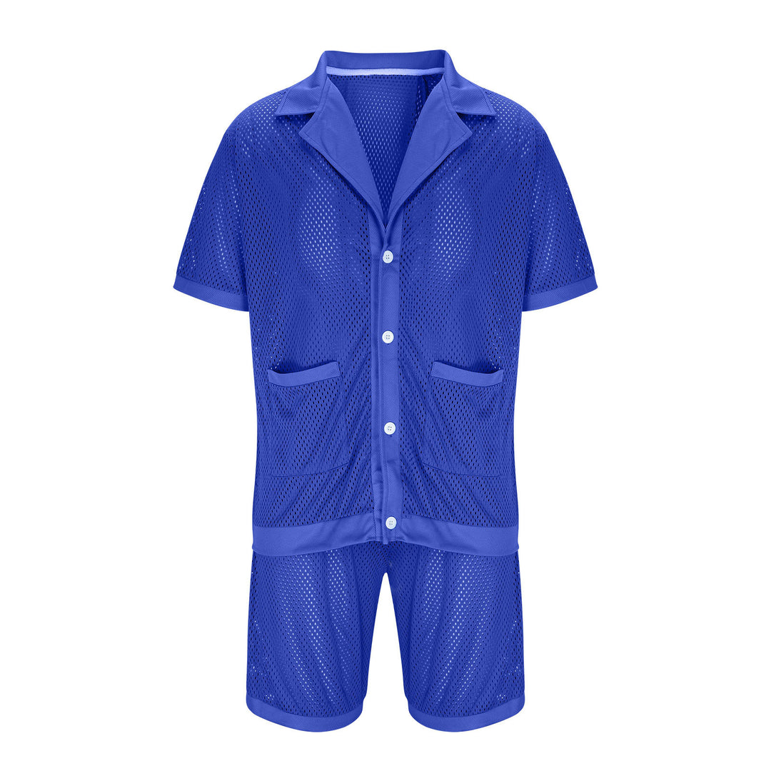Damen Luftiges Netz-Pyjama-Set mit praktischen Taschen und Knopfleiste EB