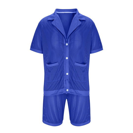 Damen Luftiges Netz-Pyjama-Set mit praktischen Taschen und Knopfleiste EB